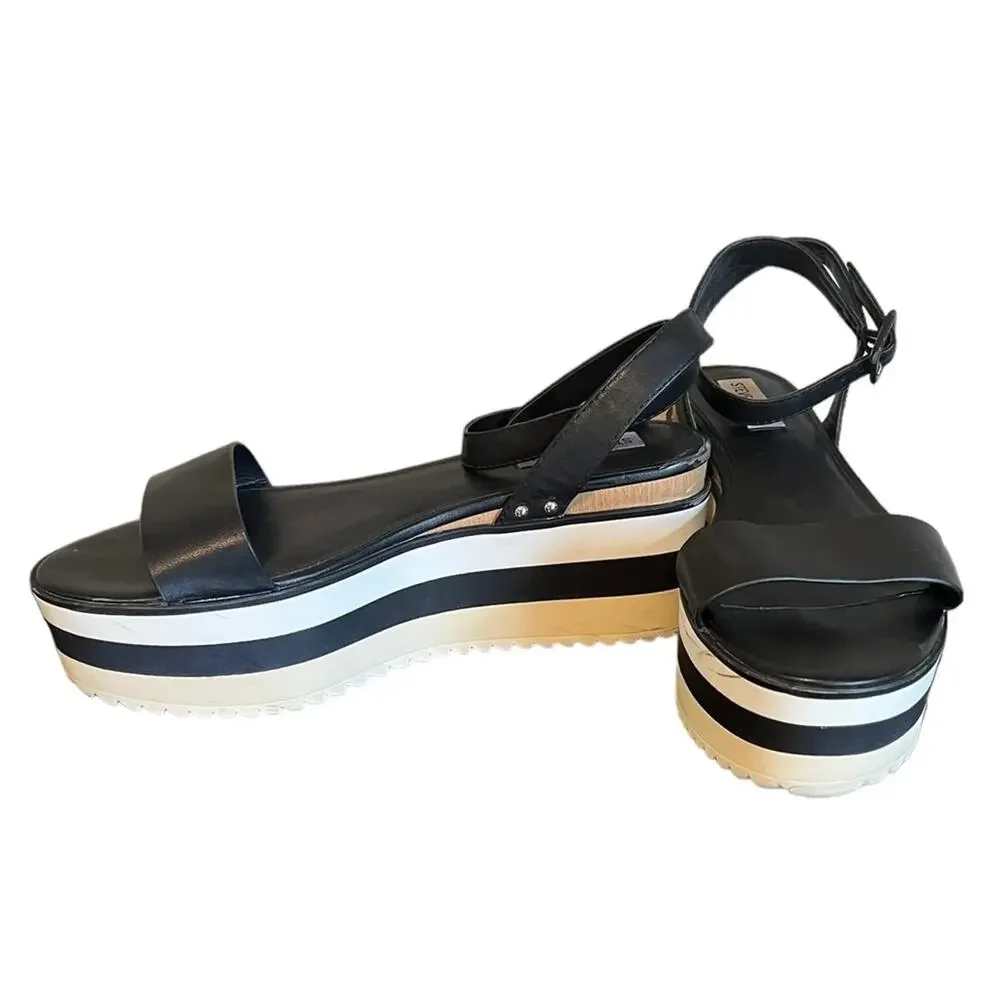 STEVE MADDEN Marco Black/White Leather Platform Ankle‎ Strap Sandal Size 10